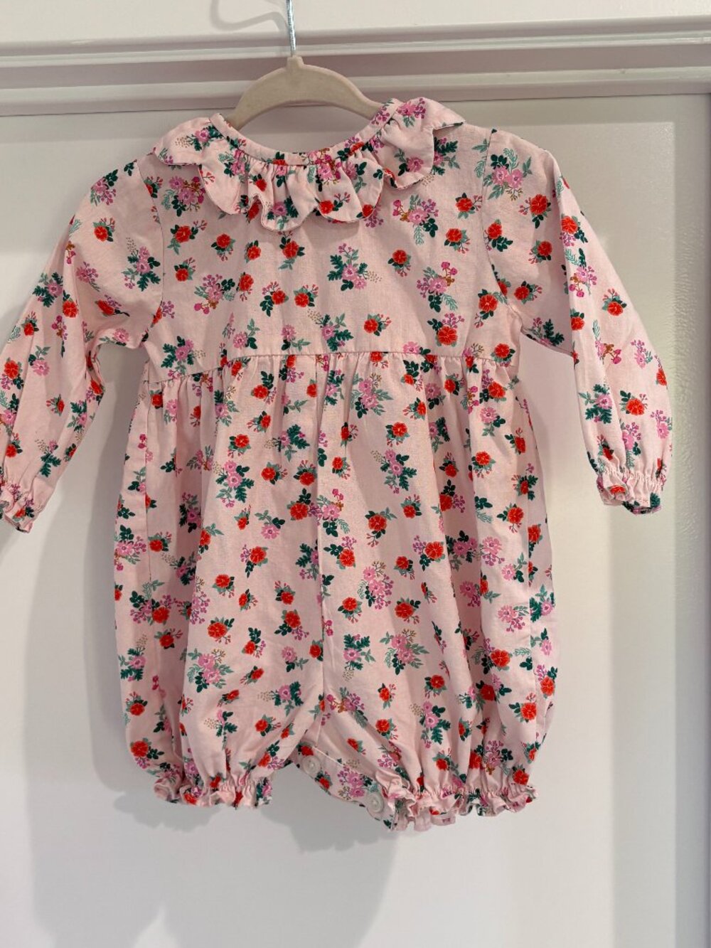 Rachel Riley London Pink Calico Floral Frill Collar Bubble Romper, 0-3 Months